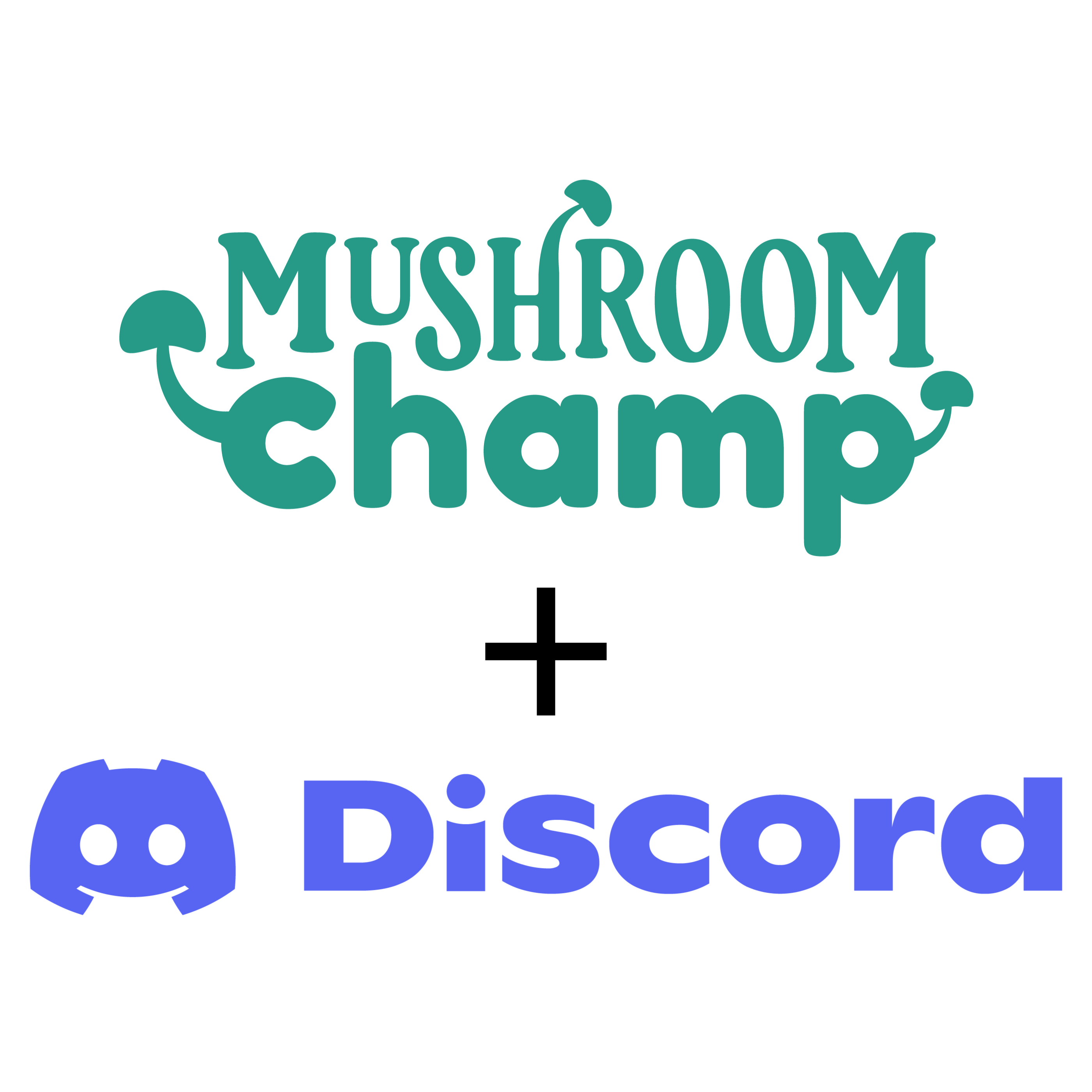 Teal Mushroom Champ logo with blurple Discord icon and text