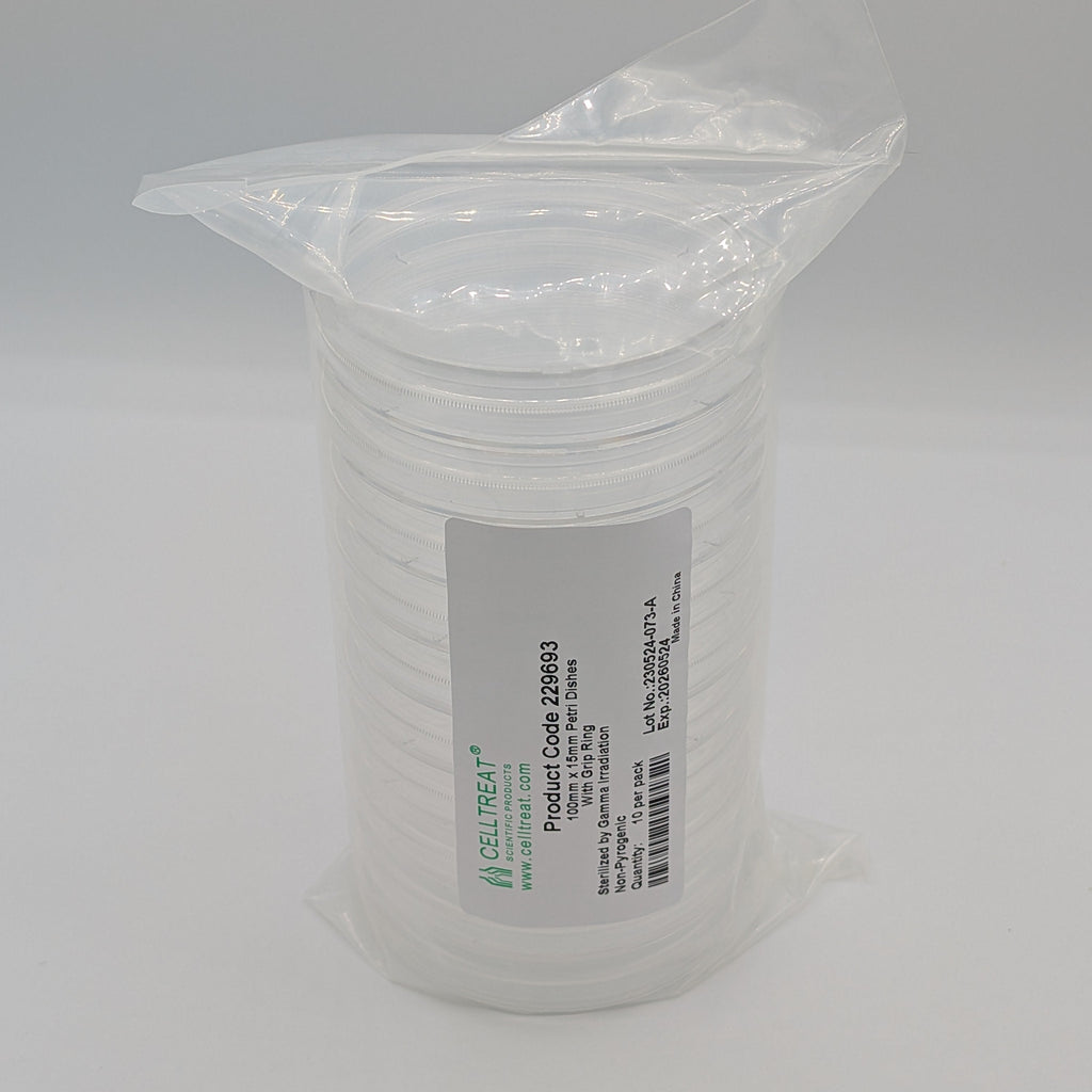 Sterile Celltreat 10pk 100mm x 15mm petri dishes with grip ring, product code 229693