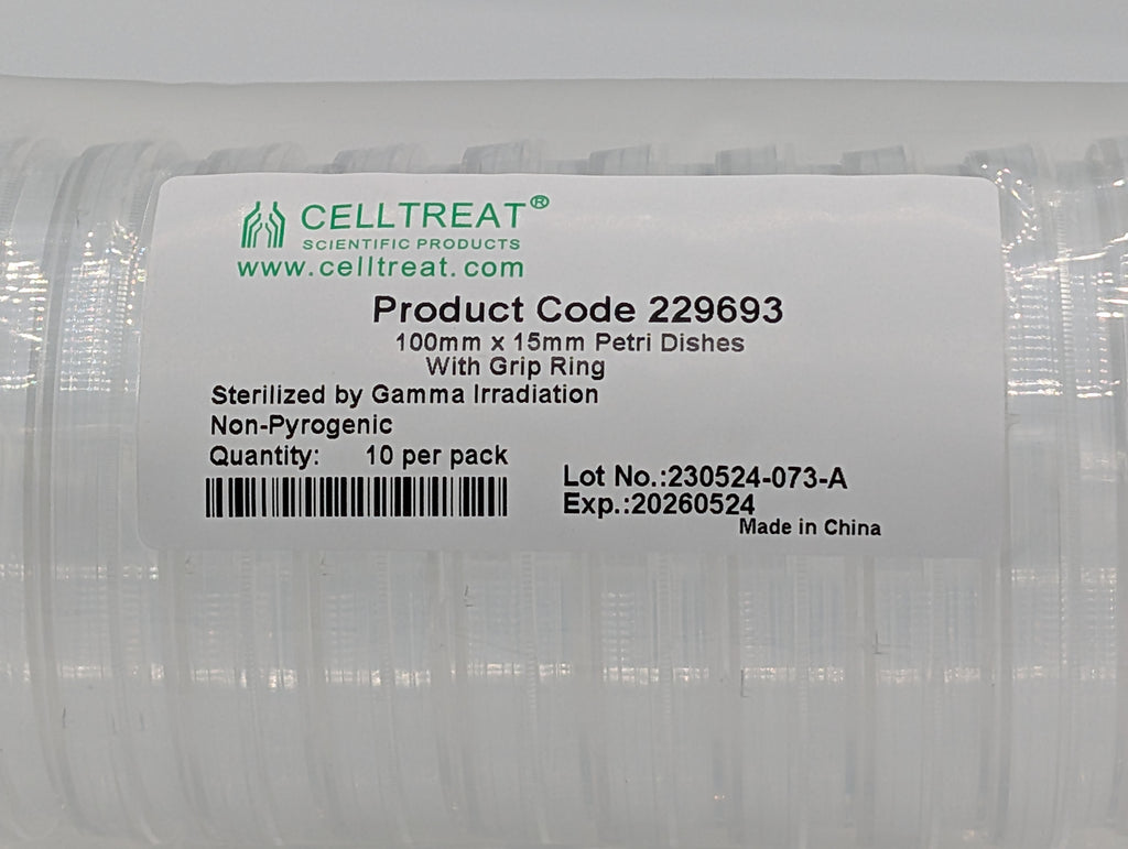 Sterile Celltreat 10pk 100mm x 15mm petri dishes with grip ring, product code 229693