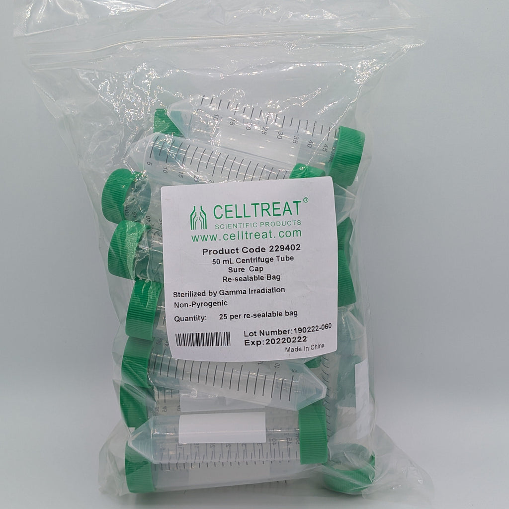 Sterile Celltreat 25pk 50mL centrifuge tubes, product code 229402
