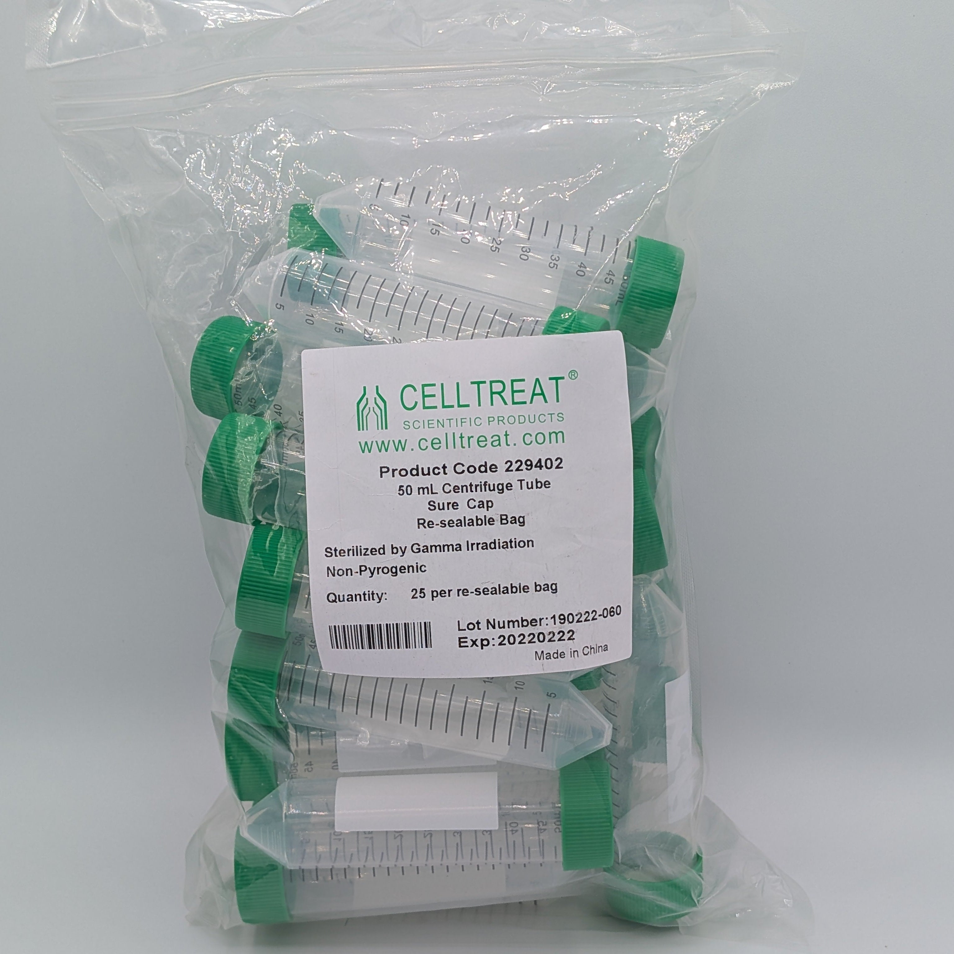 Sterile Celltreat 25pk 50mL centrifuge tubes, product code 229402