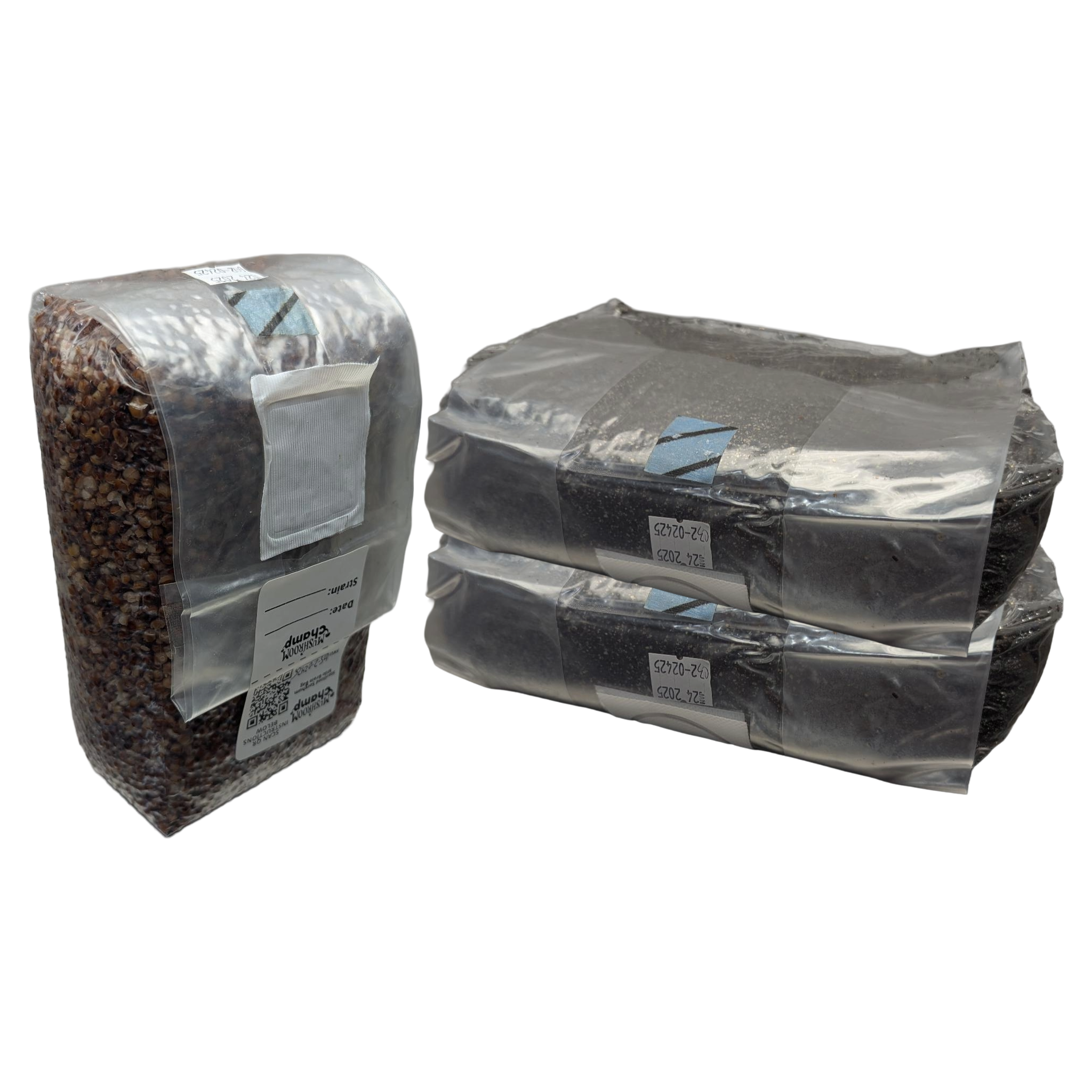 Medium refill kit, one 2.5lb milo sorghum grain bag and two 3.5lb cvga substrate bag